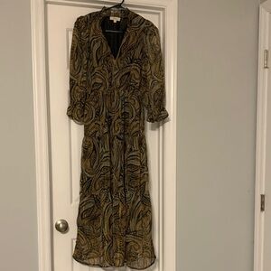 Elan Elegant Black and Gold Paisley Long Sleeve Dress